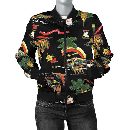 Hawaiian Island Themed Print Women Casual Bomber Jacket