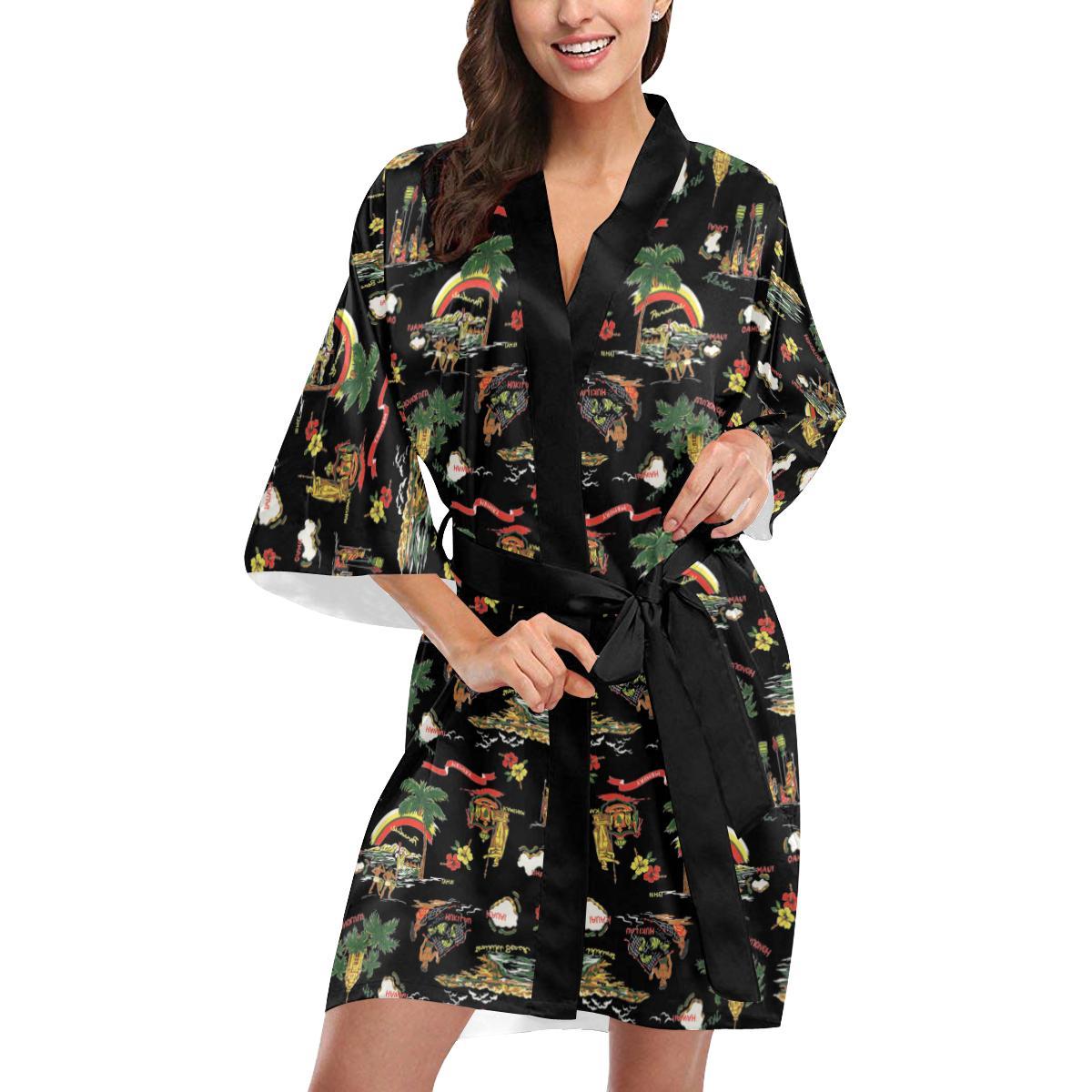 Hawaiian Island Themed Print Women Short Kimono Robe