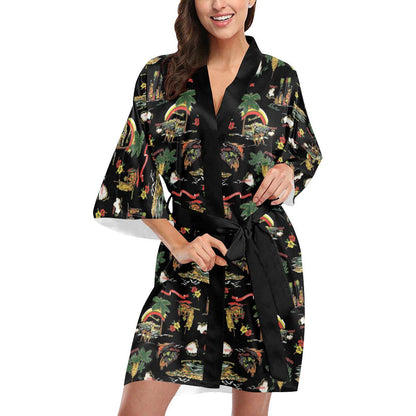 Hawaiian Island Themed Print Women Short Kimono Robe