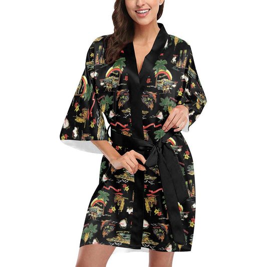 Hawaiian Island Themed Print Women Short Kimono Robe