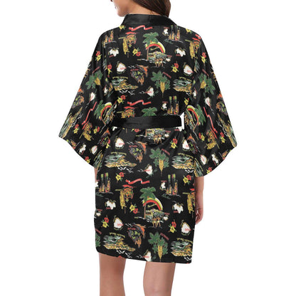 Hawaiian Island Themed Print Women Short Kimono Robe