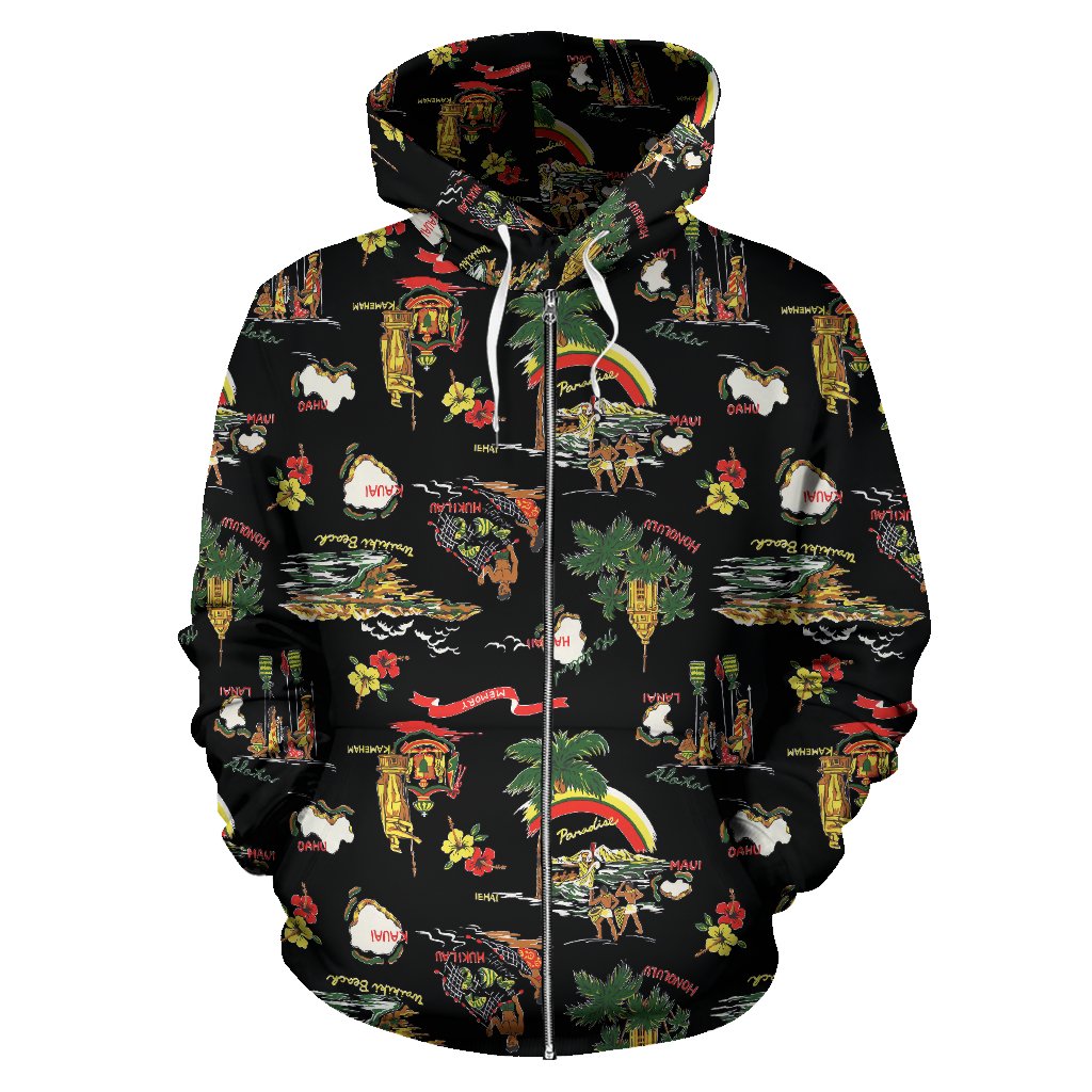 Hawaiian Island Themed Print Zip Up Hoodie