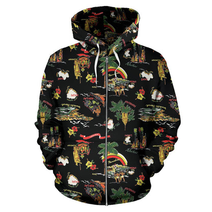 Hawaiian Island Themed Print Zip Up Hoodie