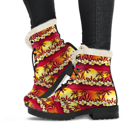 Hawaiian Tropical Sunset Hibiscus Print Faux Fur Leather Boots-JTAMIGO.COM