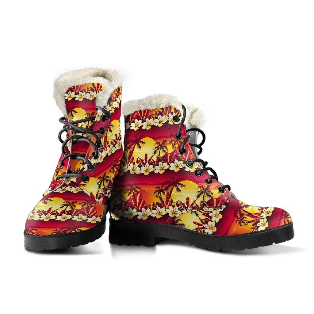 Hawaiian Tropical Sunset Hibiscus Print Faux Fur Leather Boots-JTAMIGO.COM