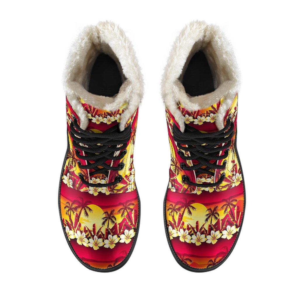Hawaiian Tropical Sunset Hibiscus Print Faux Fur Leather Boots-JTAMIGO.COM