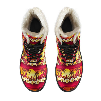 Hawaiian Tropical Sunset Hibiscus Print Faux Fur Leather Boots-JTAMIGO.COM