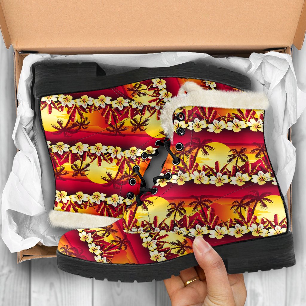 Hawaiian Tropical Sunset Hibiscus Print Faux Fur Leather Boots-JTAMIGO.COM