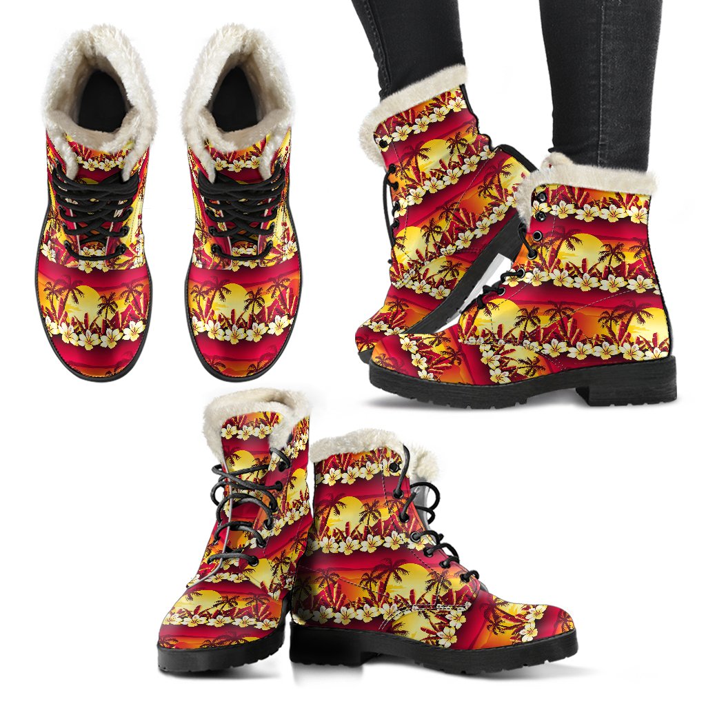 Hawaiian Tropical Sunset Hibiscus Print Faux Fur Leather Boots-JTAMIGO.COM