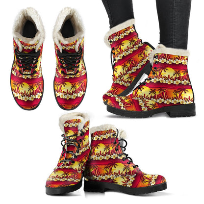 Hawaiian Tropical Sunset Hibiscus Print Faux Fur Leather Boots-JTAMIGO.COM