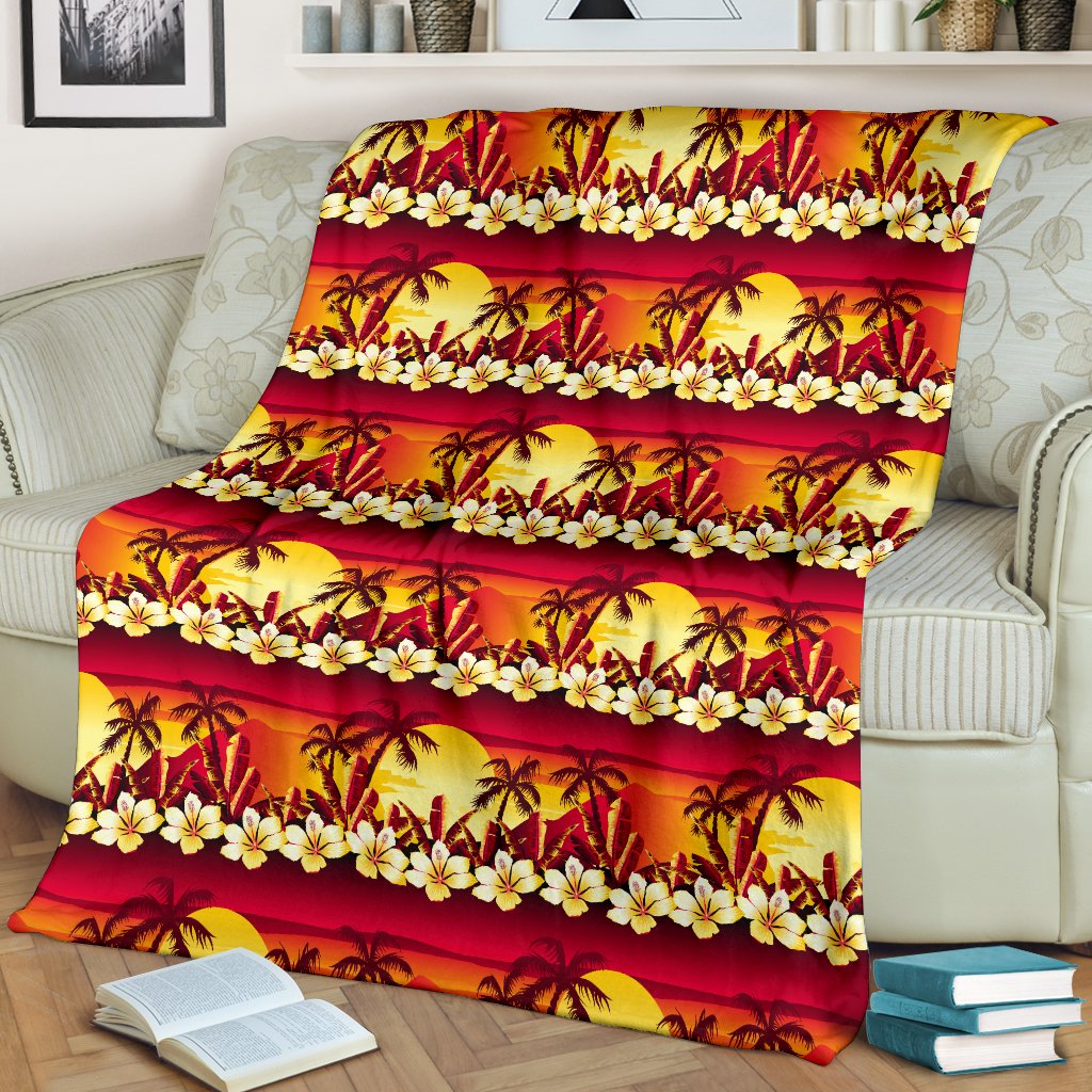 Hawaiian Tropical Sunset Hibiscus Print Fleece Blanket