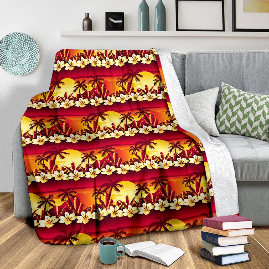 Hawaiian Tropical Sunset Hibiscus Print Fleece Blanket