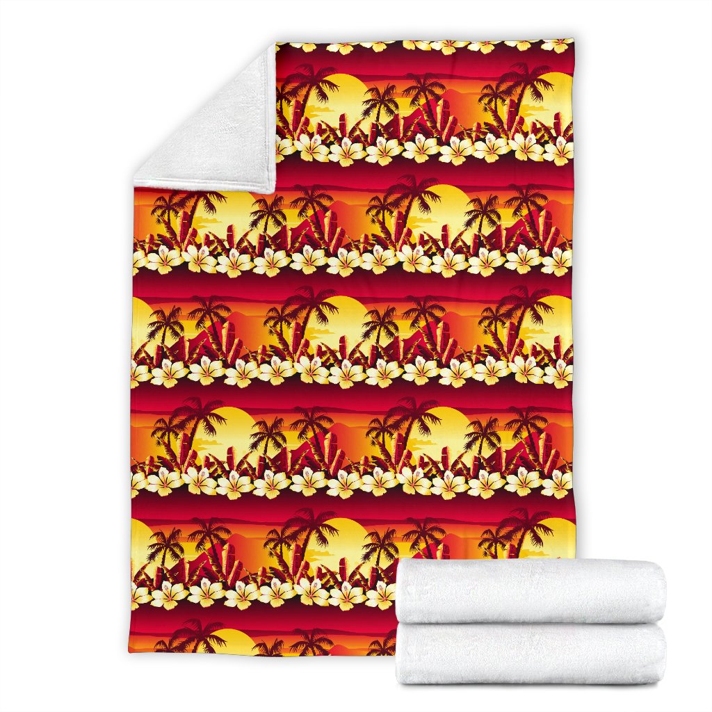 Hawaiian Tropical Sunset Hibiscus Print Fleece Blanket