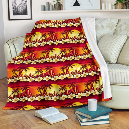 Hawaiian Tropical Sunset Hibiscus Print Fleece Blanket