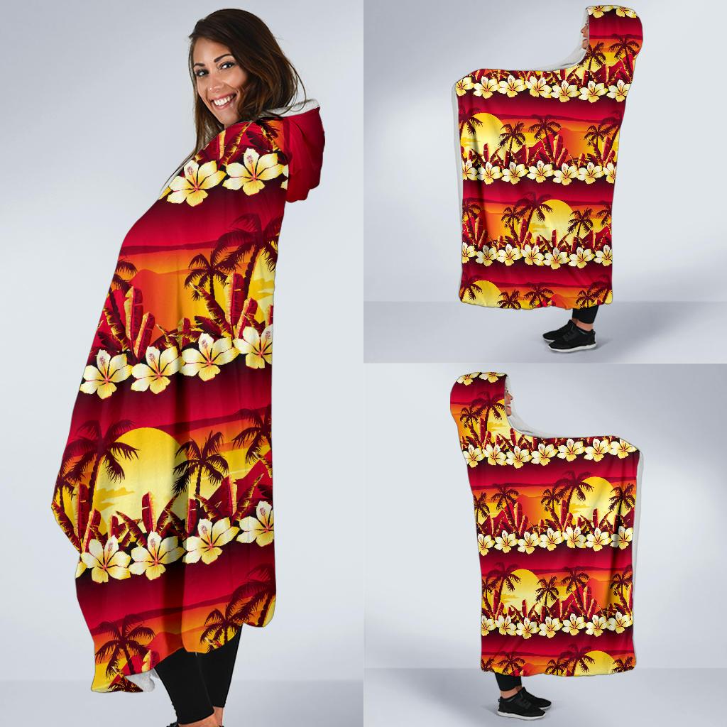 Hawaiian Tropical Sunset Hibiscus Print Hooded Blanket-JTAMIGO.COM