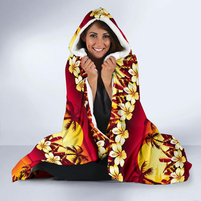 Hawaiian Tropical Sunset Hibiscus Print Hooded Blanket-JTAMIGO.COM