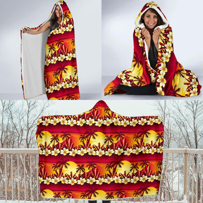 Hawaiian Tropical Sunset Hibiscus Print Hooded Blanket-JTAMIGO.COM