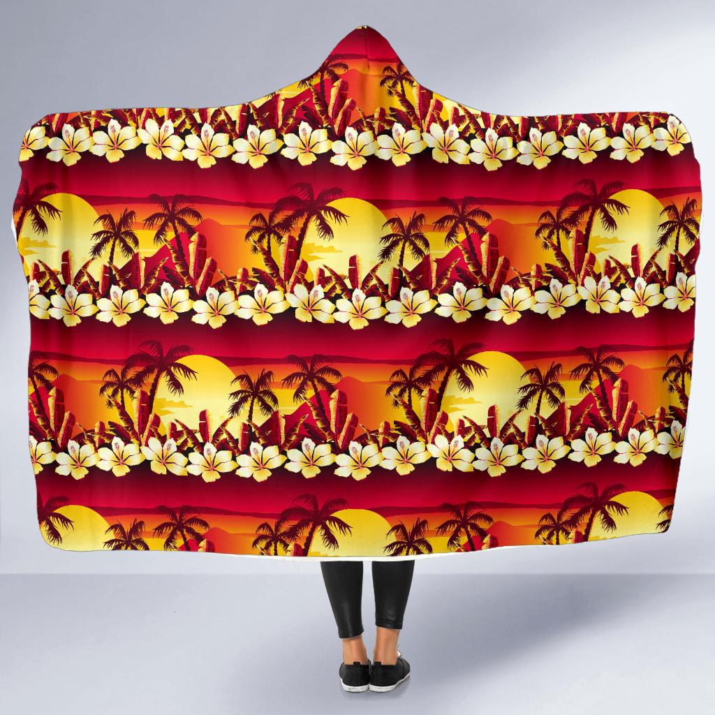 Hawaiian Tropical Sunset Hibiscus Print Hooded Blanket-JTAMIGO.COM