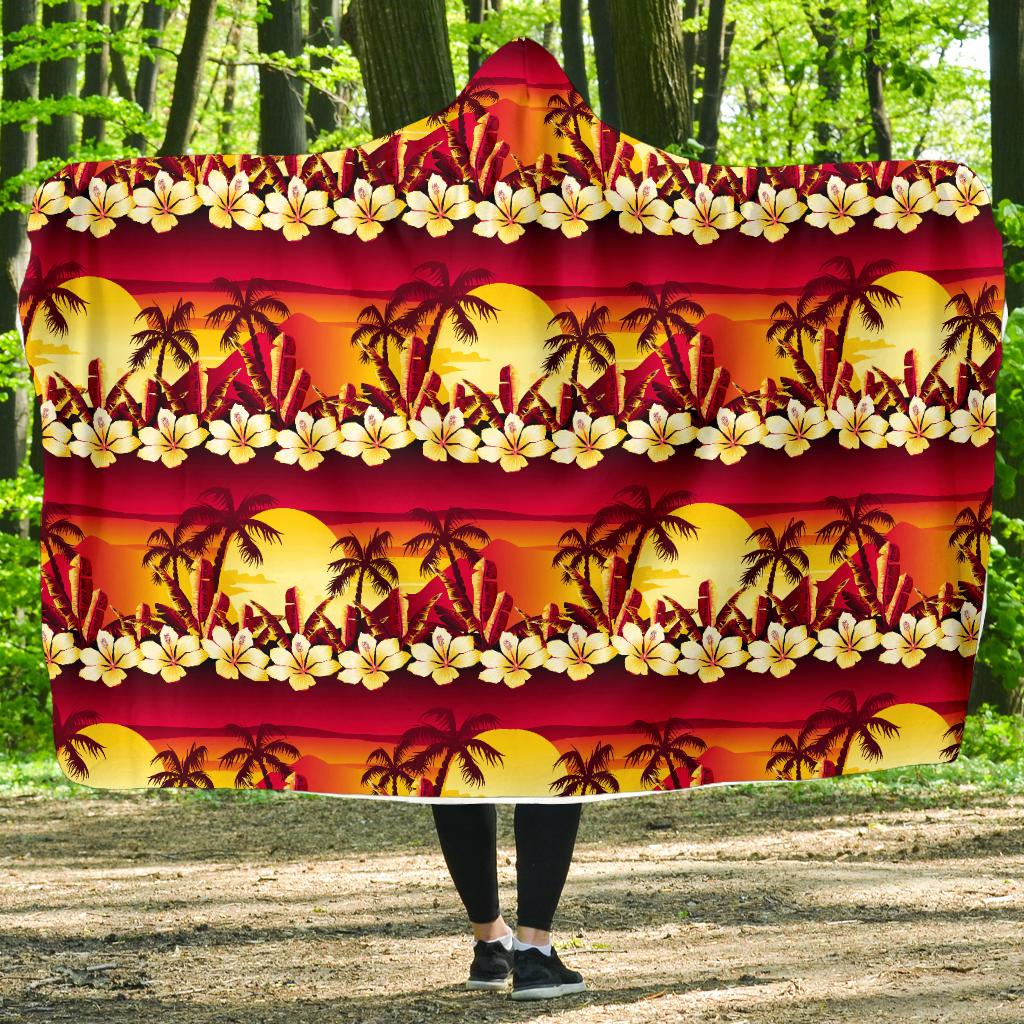 Hawaiian Tropical Sunset Hibiscus Print Hooded Blanket-JTAMIGO.COM