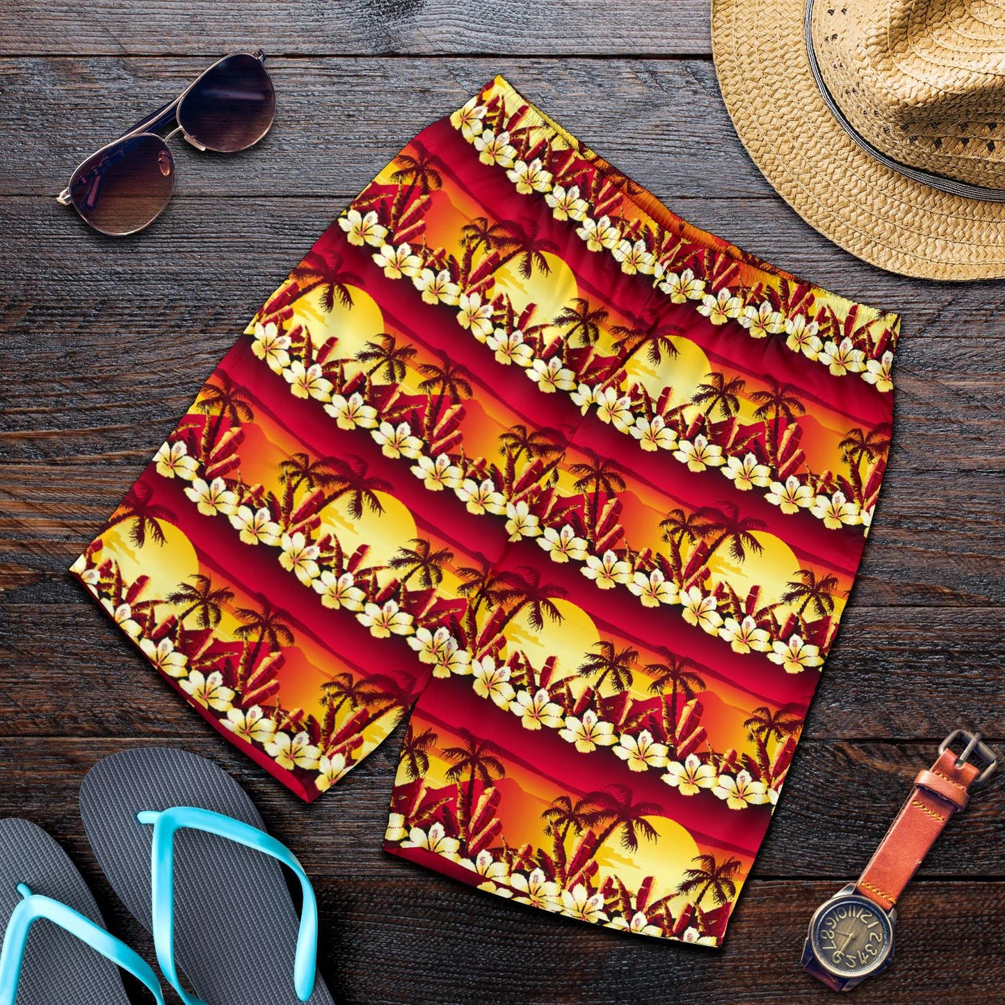 Hawaiian Tropical Sunset Hibiscus Print Mens Shorts-JTAMIGO.COM