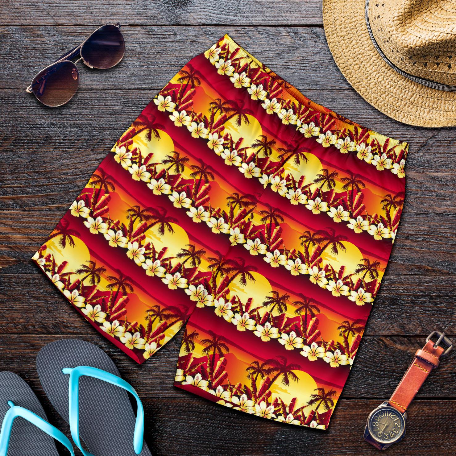 Hawaiian Tropical Sunset Hibiscus Print Mens Shorts-JTAMIGO.COM