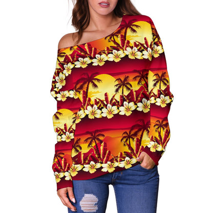 Hawaiian Tropical Sunset Hibiscus Print Off Shoulder Sweatshirt