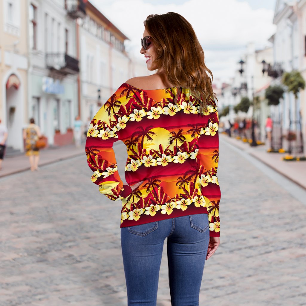 Hawaiian Tropical Sunset Hibiscus Print Off Shoulder Sweatshirt