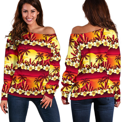 Hawaiian Tropical Sunset Hibiscus Print Off Shoulder Sweatshirt