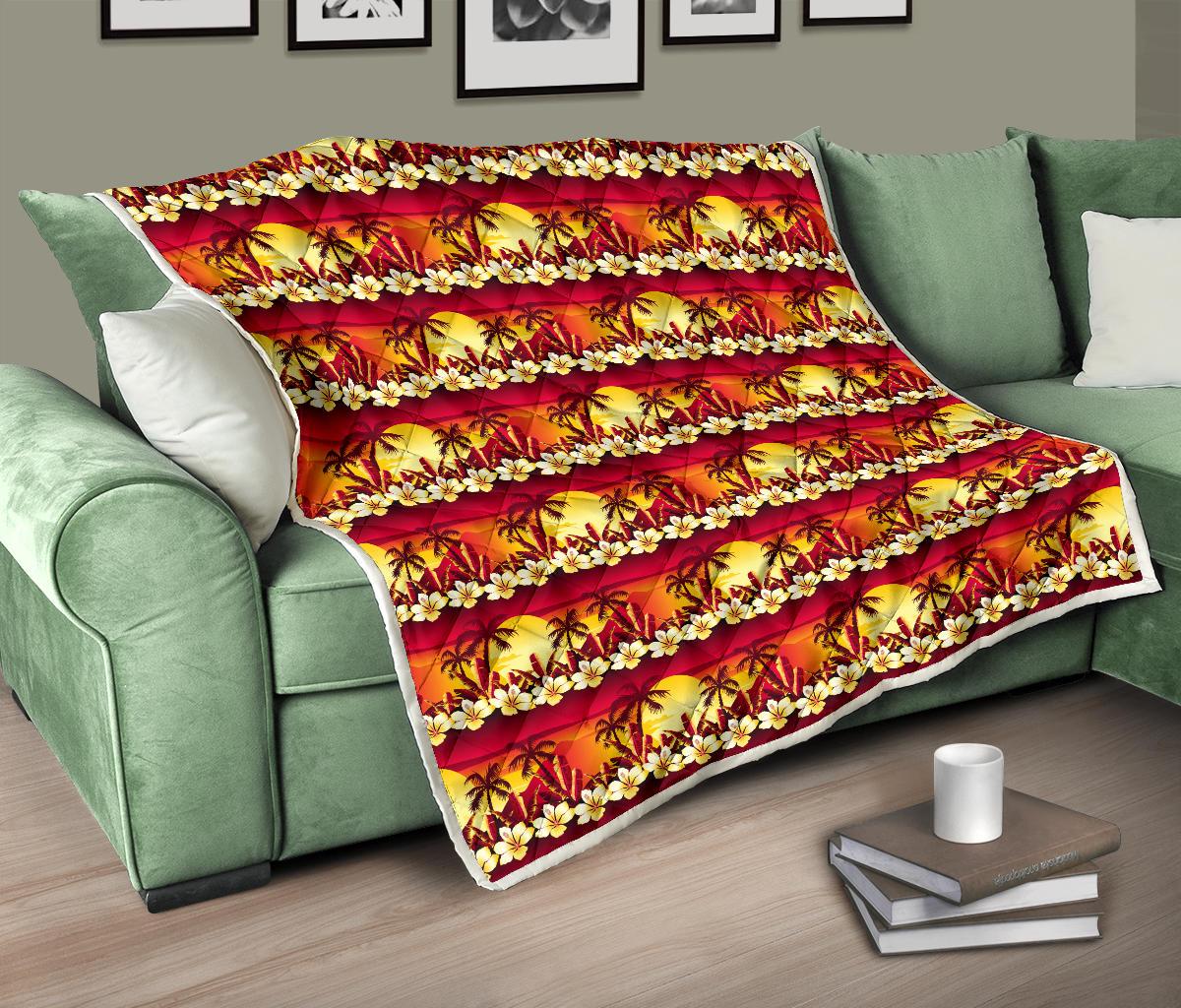 Hawaiian Tropical Sunset Hibiscus Print Premium Quilt-JTAMIGO.COM