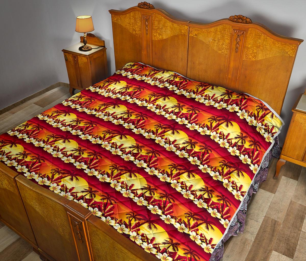 Hawaiian Tropical Sunset Hibiscus Print Premium Quilt-JTAMIGO.COM