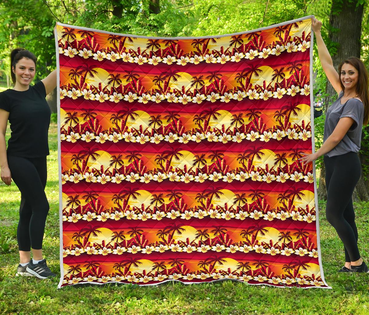 Hawaiian Tropical Sunset Hibiscus Print Premium Quilt-JTAMIGO.COM