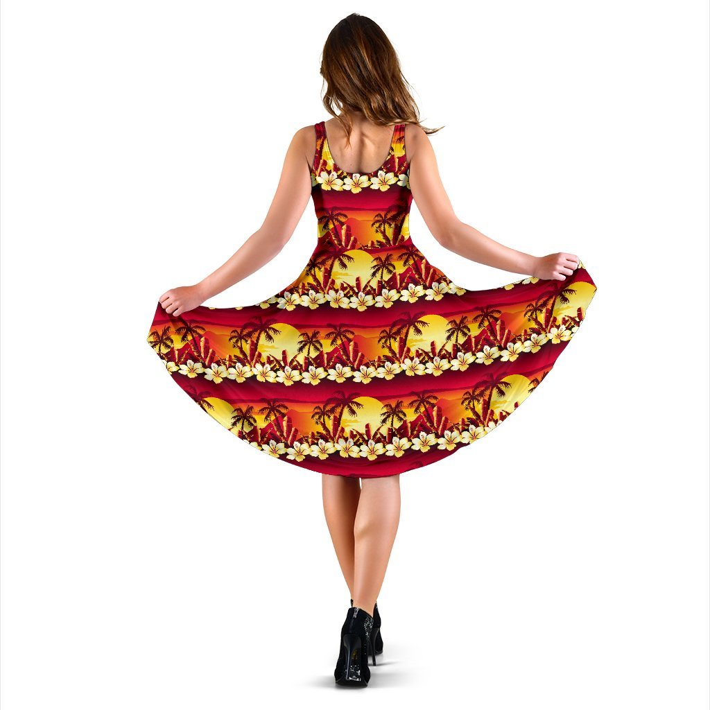 Hawaiian Tropical Sunset Hibiscus Print Sleeveless Dress