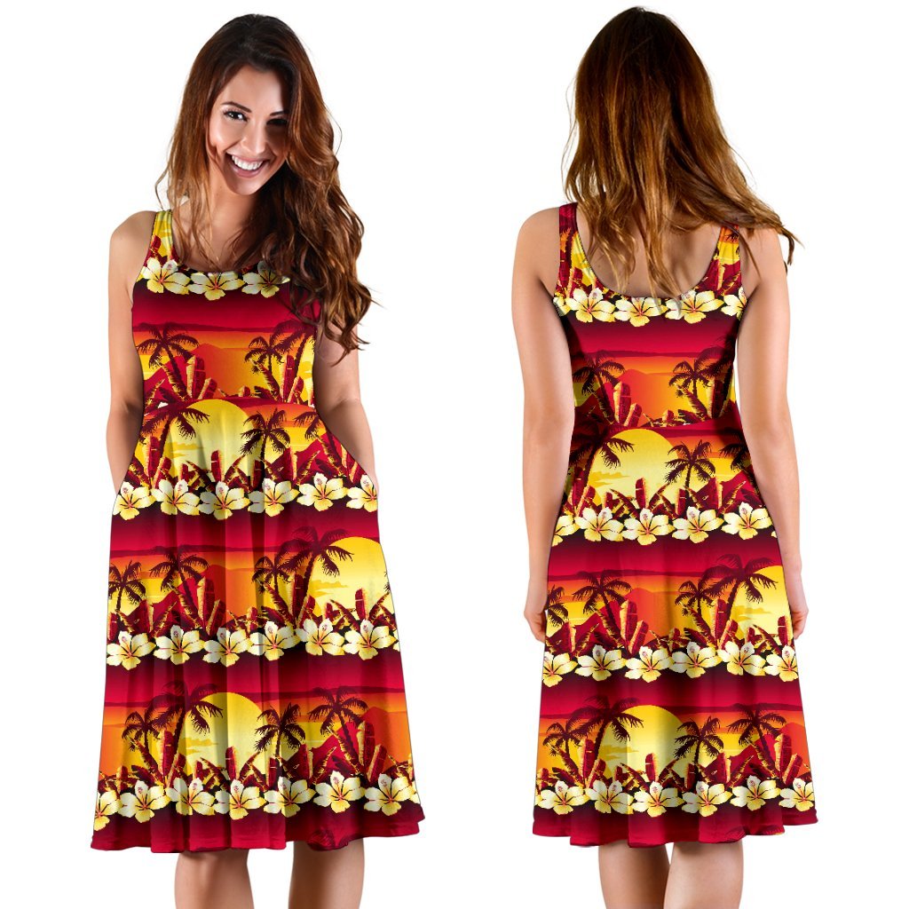 Hawaiian Tropical Sunset Hibiscus Print Sleeveless Dress