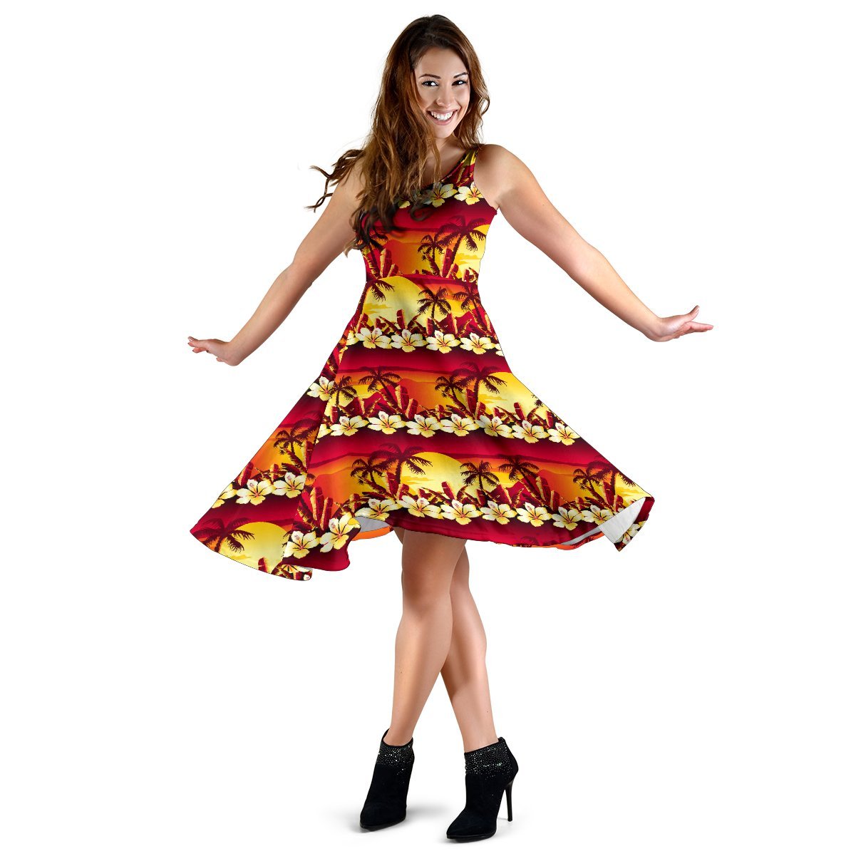 Hawaiian Tropical Sunset Hibiscus Print Sleeveless Dress