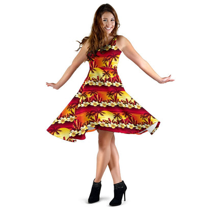 Hawaiian Tropical Sunset Hibiscus Print Sleeveless Dress