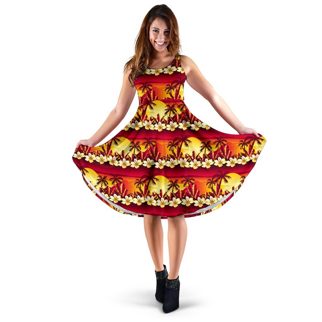 Hawaiian Tropical Sunset Hibiscus Print Sleeveless Dress