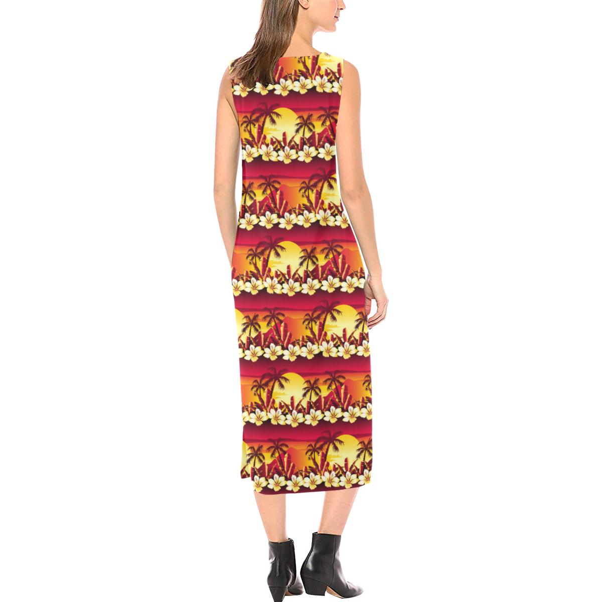 Hawaiian Tropical Sunset Hibiscus Print Sleeveless Open Fork Long Dress (Model D08)-JTAMIGO.COM