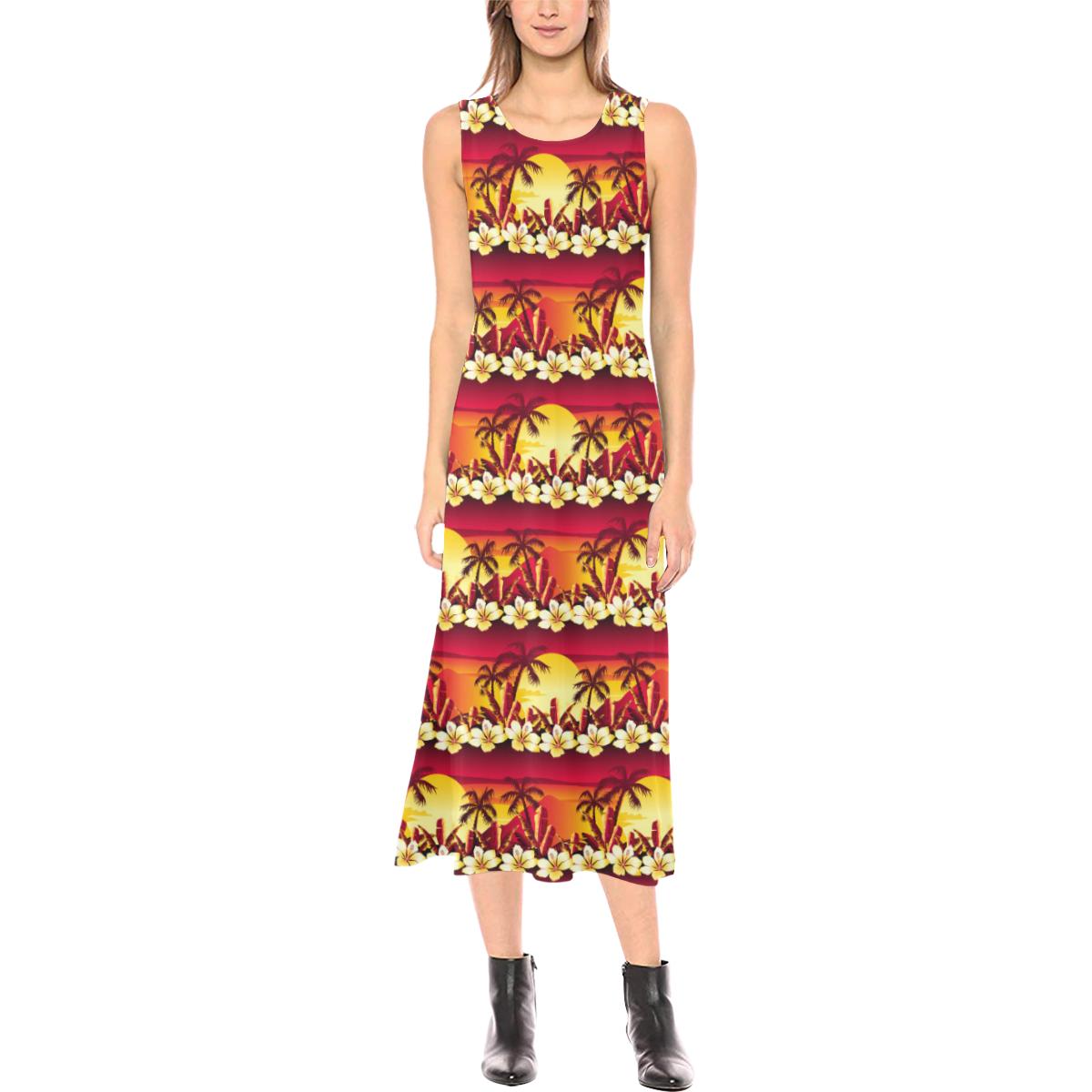Hawaiian Tropical Sunset Hibiscus Print Sleeveless Open Fork Long Dress (Model D08)-JTAMIGO.COM