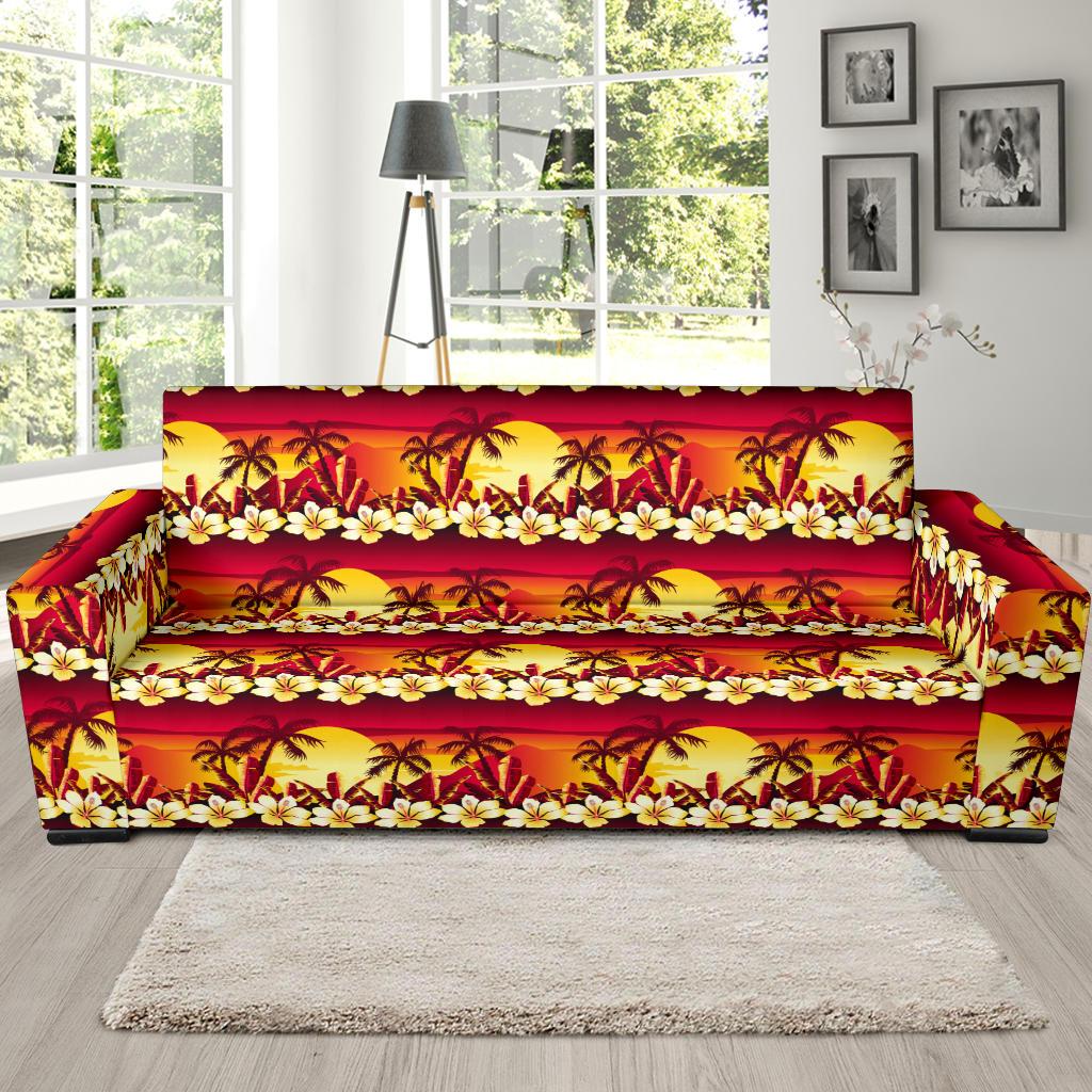 Hawaiian Tropical Sunset Hibiscus Print Sofa Slipcover-JTAMIGO.COM