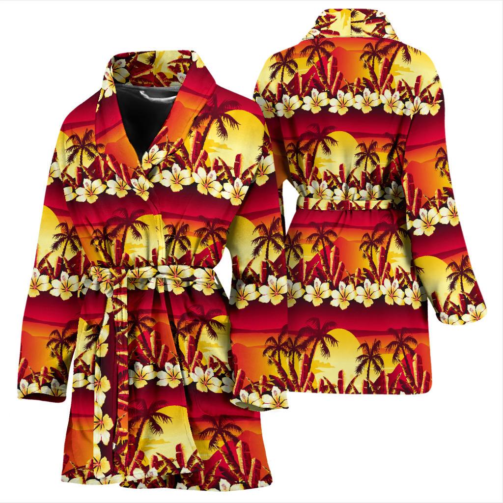 Hawaiian Tropical Sunset Hibiscus Print Women Bath Robe-JTAMIGO.COM