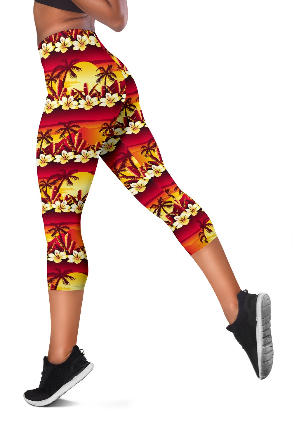 Hawaiian Tropical Sunset Hibiscus Print Women Capris