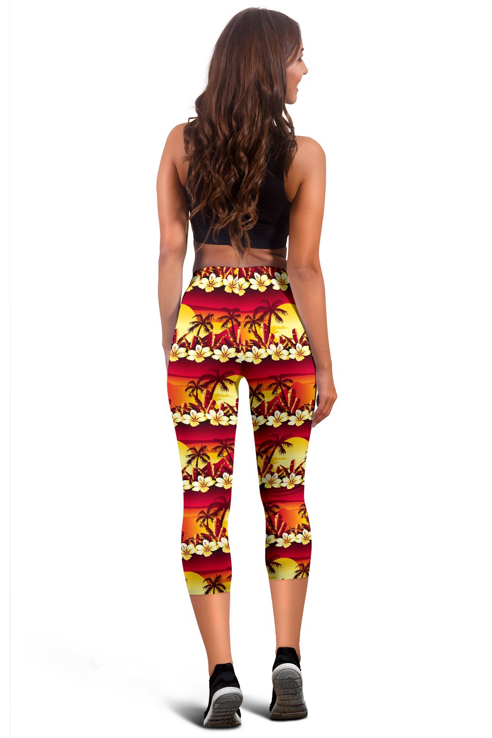 Hawaiian Tropical Sunset Hibiscus Print Women Capris