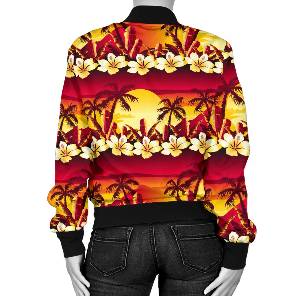 Hawaiian Tropical Sunset Hibiscus Print Women Casual Bomber Jacket