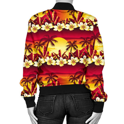 Hawaiian Tropical Sunset Hibiscus Print Women Casual Bomber Jacket