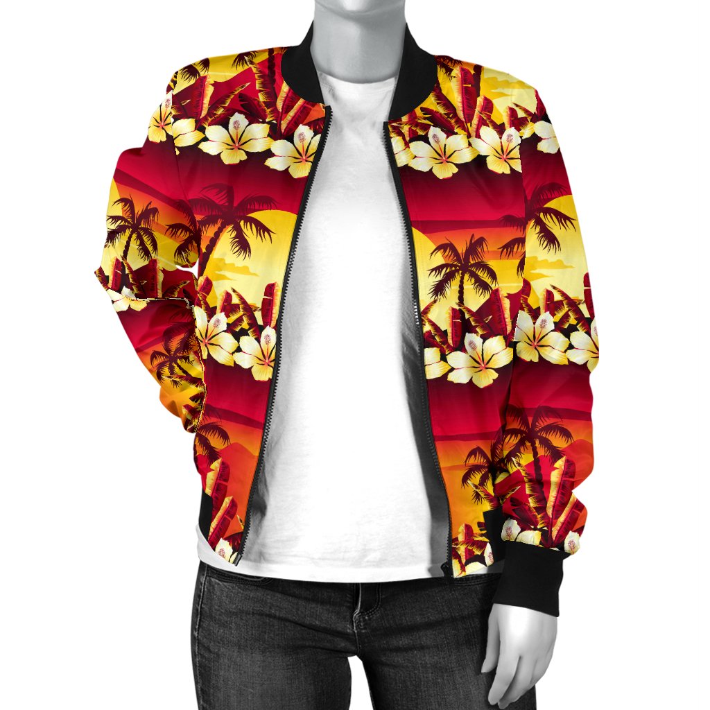 Hawaiian Tropical Sunset Hibiscus Print Women Casual Bomber Jacket