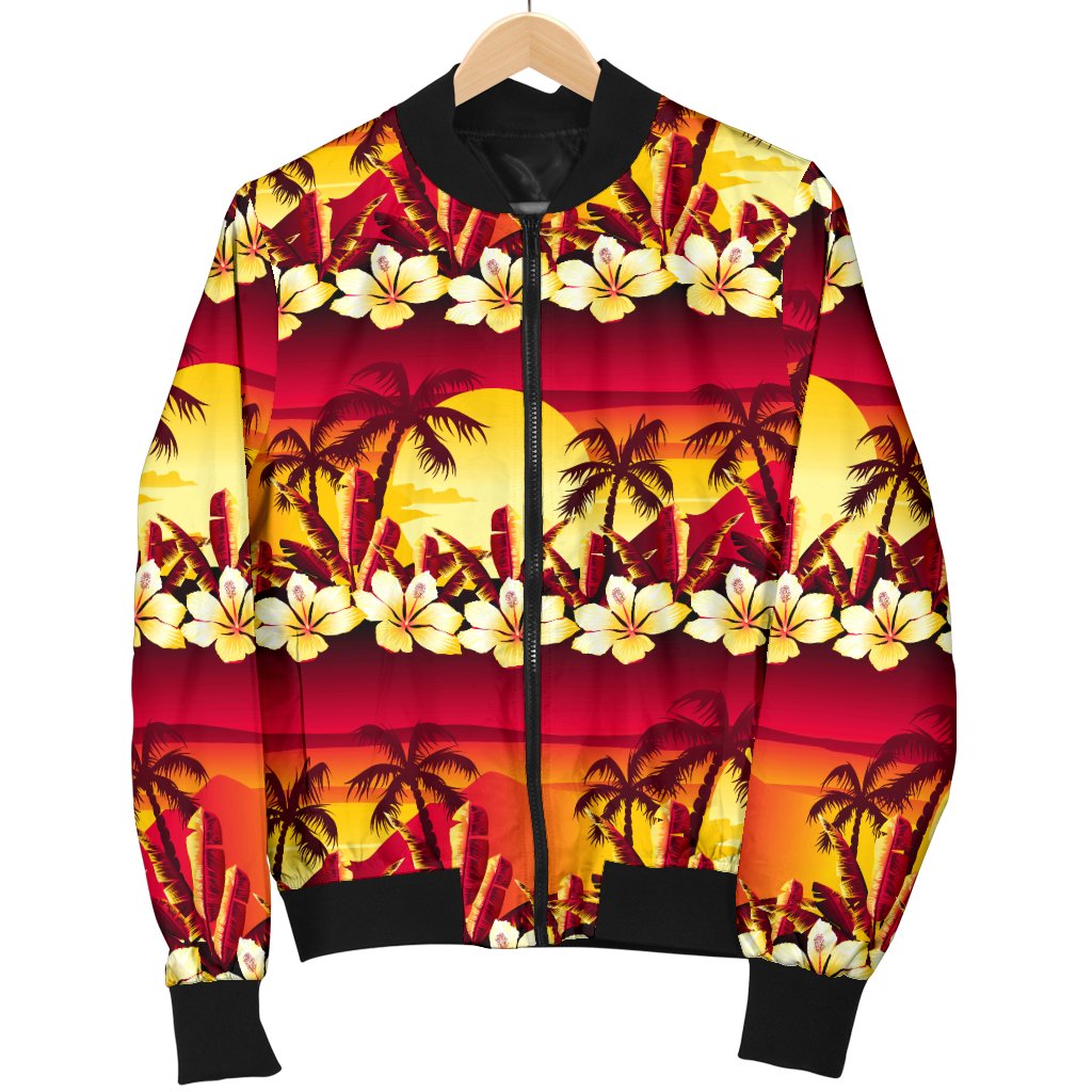 Hawaiian Tropical Sunset Hibiscus Print Women Casual Bomber Jacket