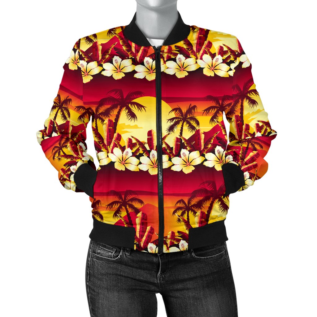 Hawaiian Tropical Sunset Hibiscus Print Women Casual Bomber Jacket