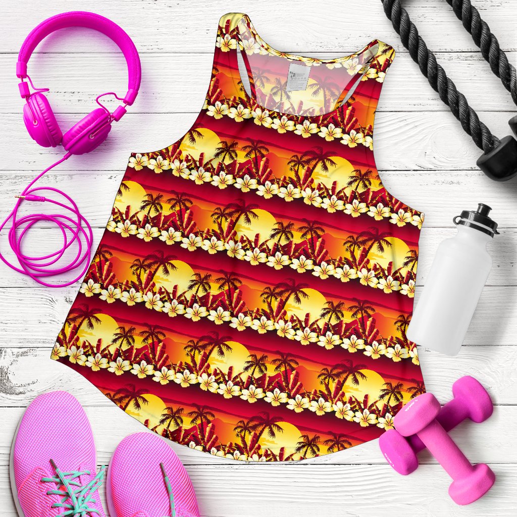 Hawaiian Tropical Sunset Hibiscus Print Women Racerback Tank Top