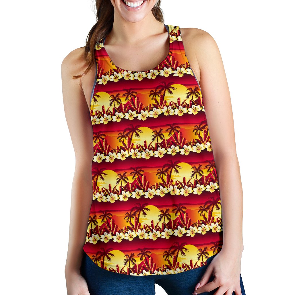 Hawaiian Tropical Sunset Hibiscus Print Women Racerback Tank Top
