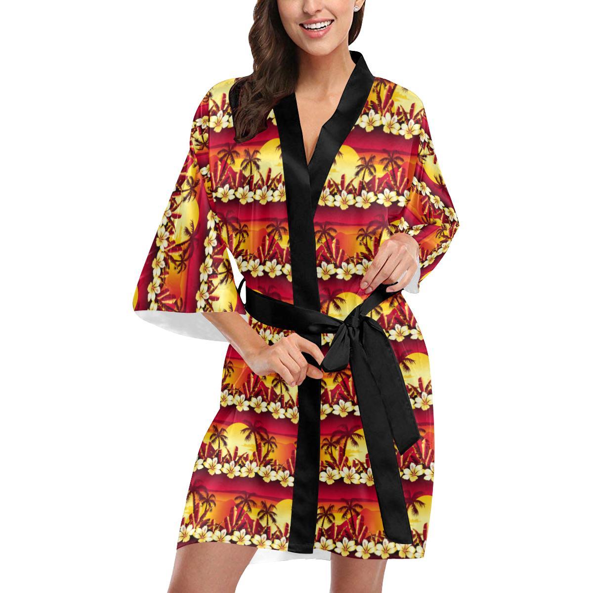 Hawaiian Tropical Sunset Hibiscus Print Women Short Kimono Robe